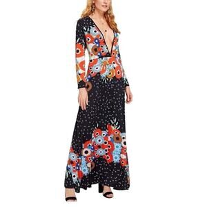Deep V Neckline Floral Print Maxi Dress, Size Medium Pre-owned